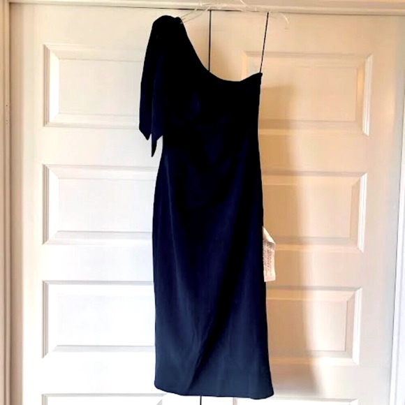 NWT DRESS THE POPULATION The Tiffany One-shoulder Bow Midi Dress Navy Crepe SM - Picture 3 of 6